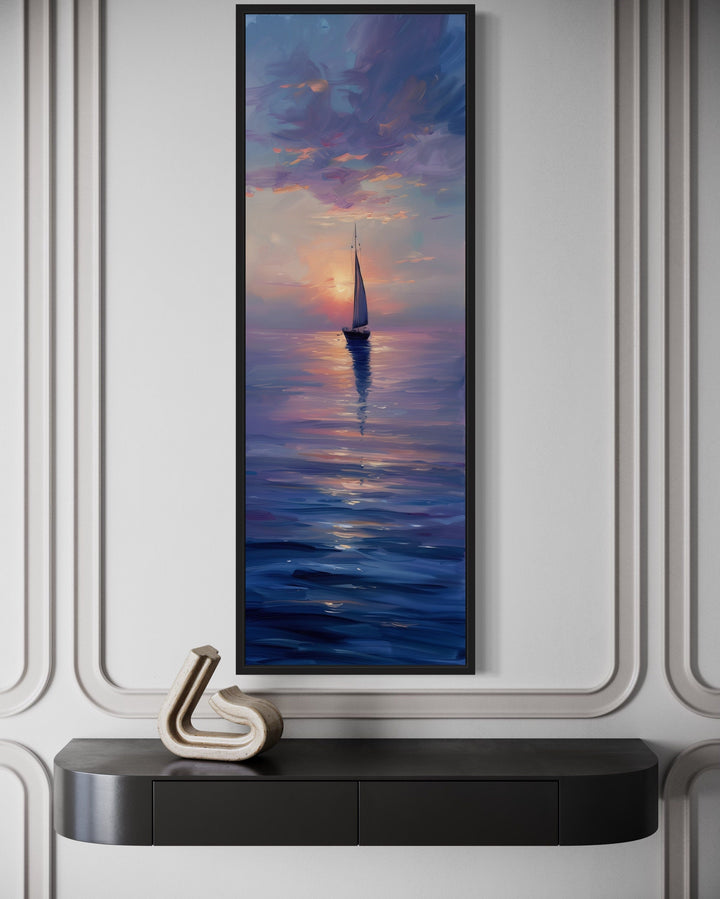 Tall Narrow Sail Boat In Ocean Purple Sunset Vertical Framed Canvas Wall Art