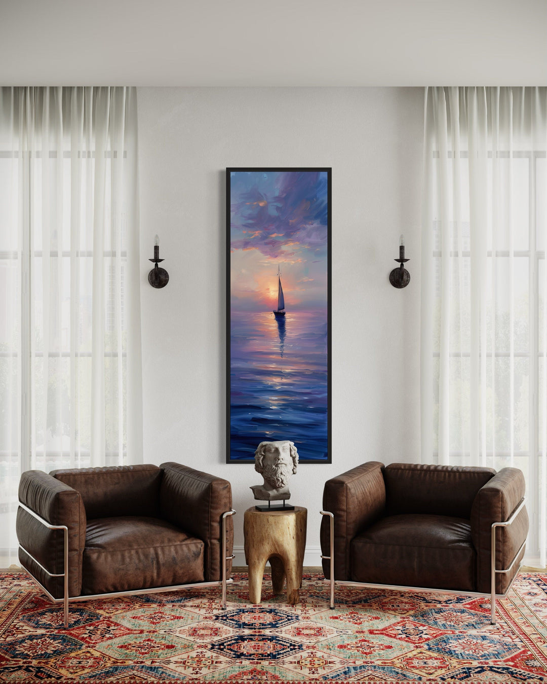 Tall Narrow Sail Boat In Ocean Purple Sunset Vertical Framed Canvas Wall Art