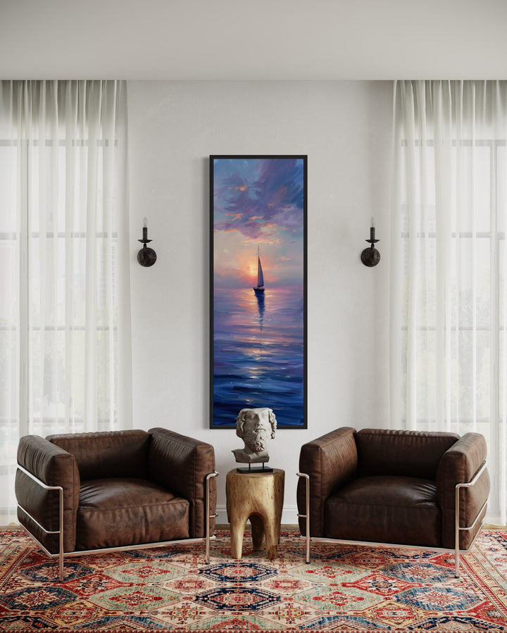 Tall Narrow Sail Boat In Ocean Purple Sunset Vertical Framed Canvas Wall Art