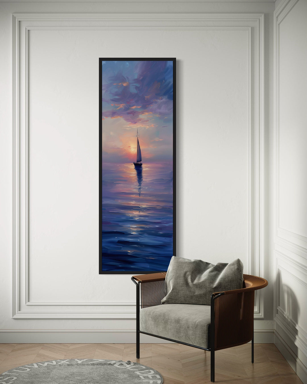 Tall Narrow Sail Boat In Ocean Purple Sunset Vertical Framed Canvas Wall Art