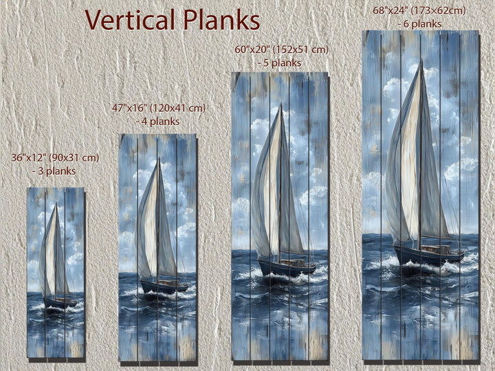 Tall narrow sailboat wall art on vertical wood planks in four sizes with a distressed finish.