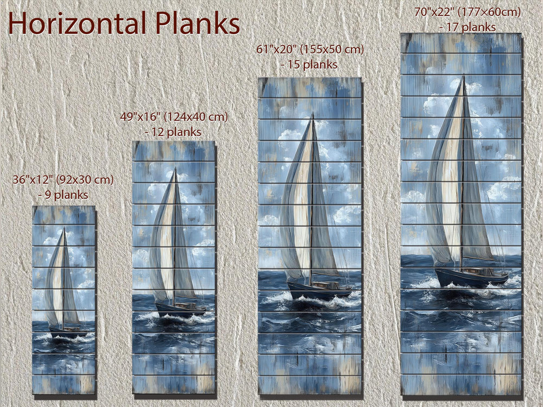 Tall narrow sailboat wall art printed on horizontal wood planks in four different sizes.