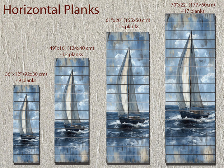 Tall narrow sailboat wall art printed on horizontal wood planks in four different sizes.