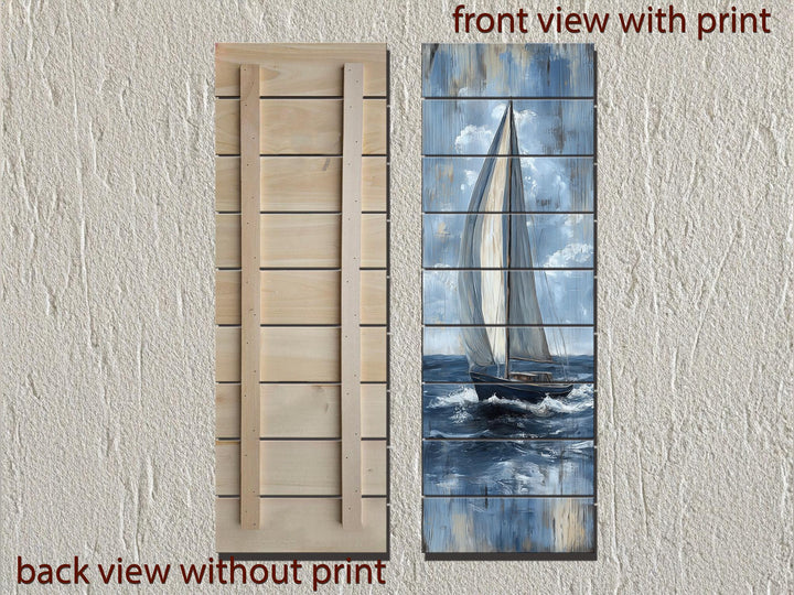Tall narrow sailboat painting on distressed wood planks, shown in front and back views.