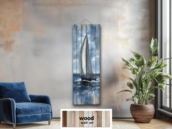 Tall narrow sailboat painting on distressed wood planks hanging on a textured wall.