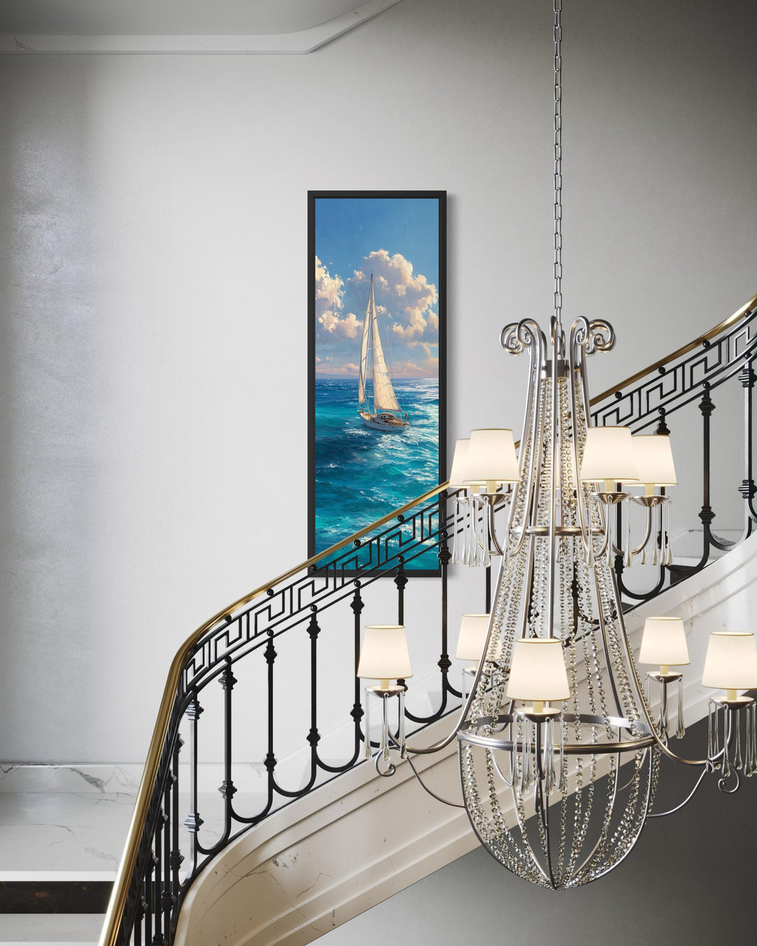 Tall narrow vertical canvas print of a sailboat on a blue ocean in a black frame on a white wall.