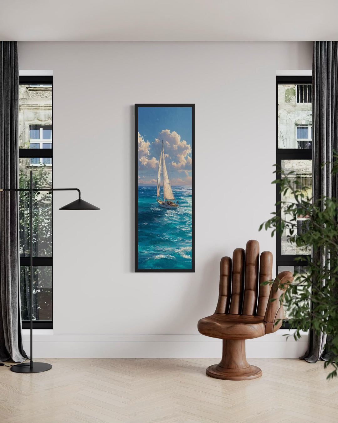 Tall narrow vertical canvas print of a sailboat on a deep blue ocean under a cloudy sky.