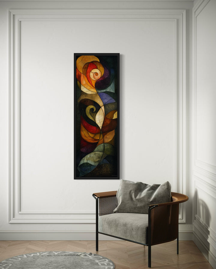 Tall Narrow Stained Glass Style Art Nouveau Vertical Framed Canvas Wall Art