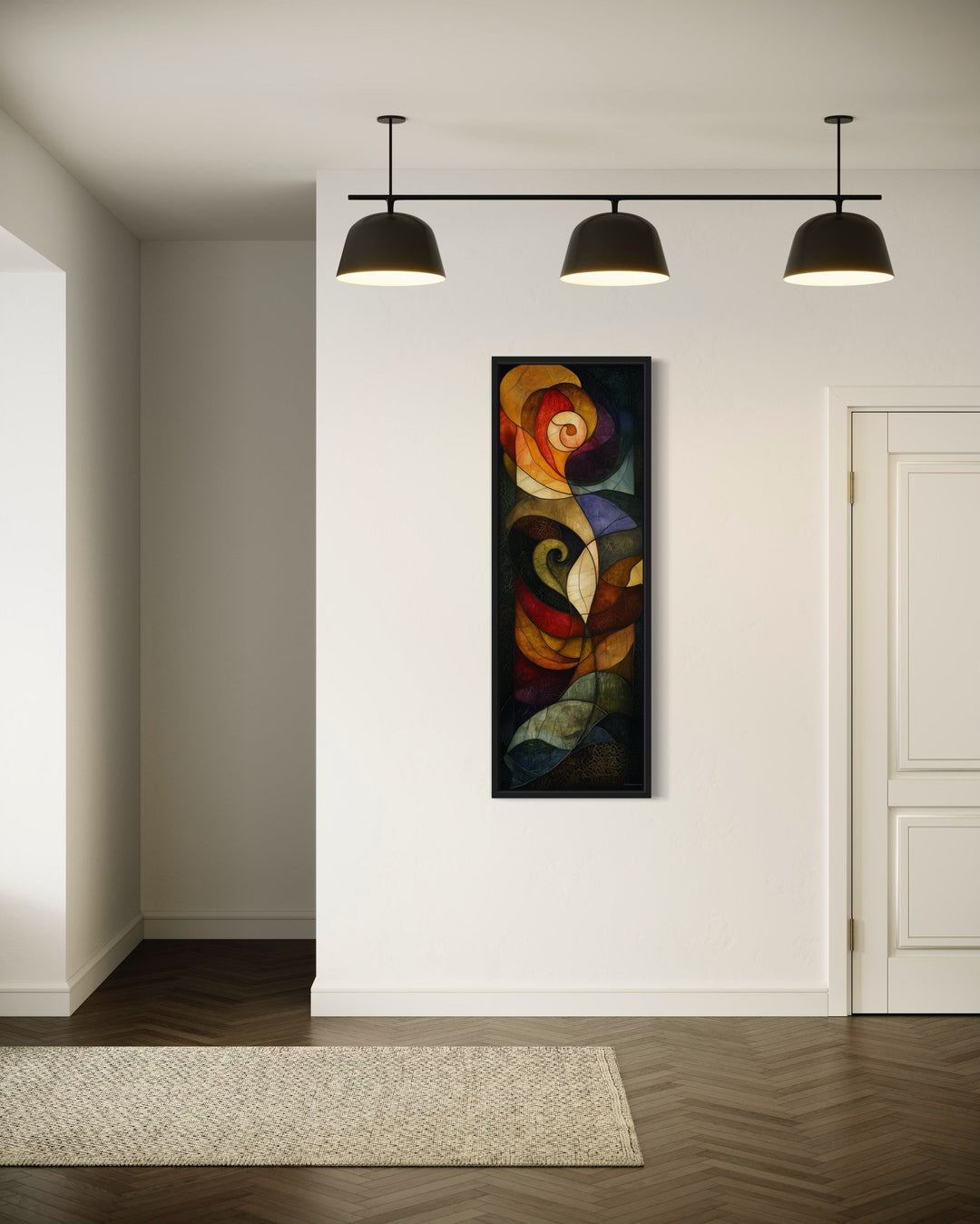 Tall Narrow Stained Glass Style Art Nouveau Vertical Framed Canvas Wall Art