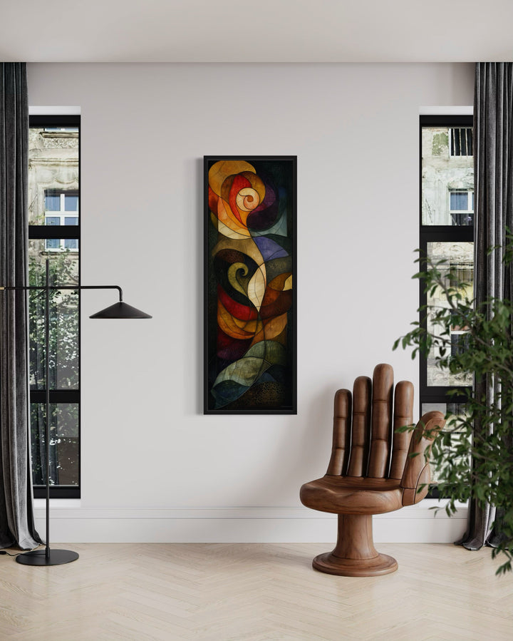 Tall Narrow Stained Glass Style Art Nouveau Vertical Framed Canvas Wall Art