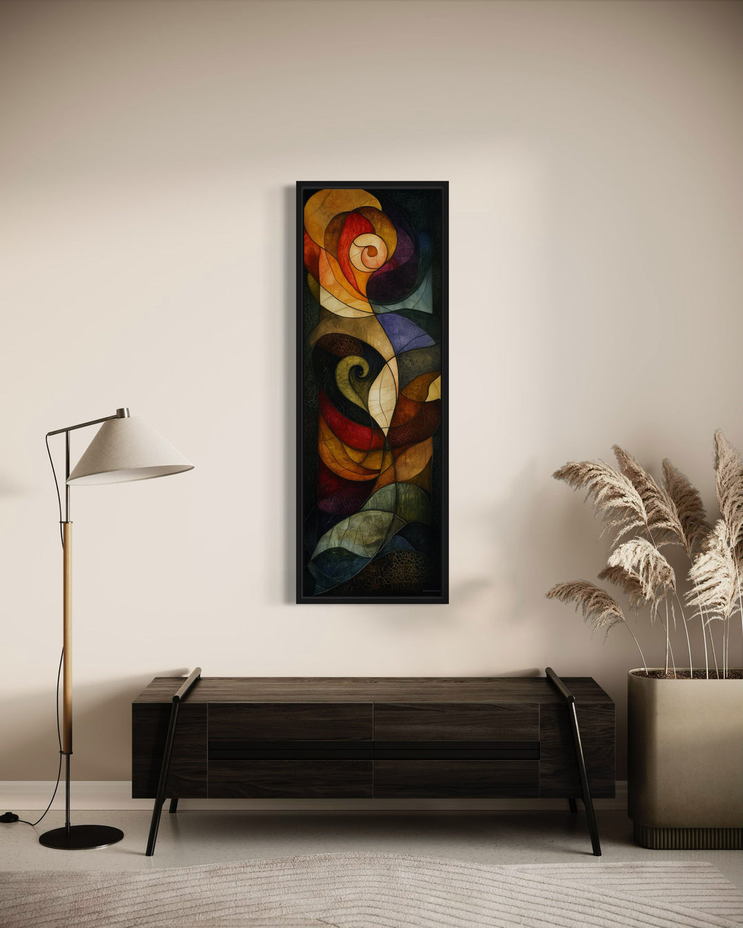 Tall Narrow Stained Glass Style Art Nouveau Vertical Framed Canvas Wall Art