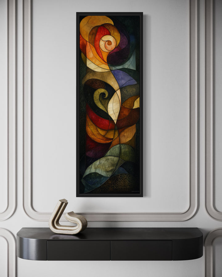 Tall Narrow Stained Glass Style Art Nouveau Vertical Framed Canvas Wall Art