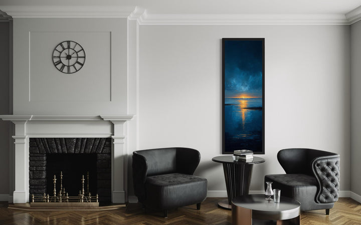 Tall Narrow Sunset Over Ocean Navy Blue Gold Vertical Wall Art