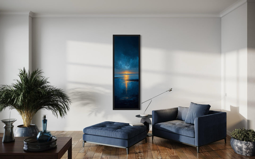 Tall Narrow Sunset Over Ocean Navy Blue Gold Vertical Wall Art