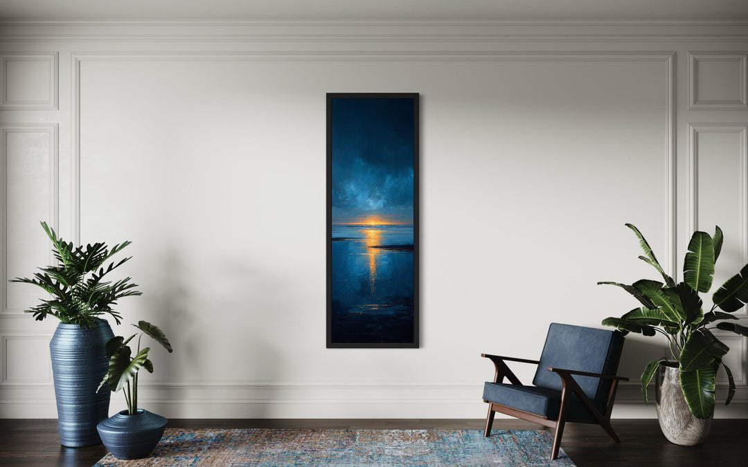 Tall Narrow Sunset Over Ocean Navy Blue Gold Vertical Wall Art