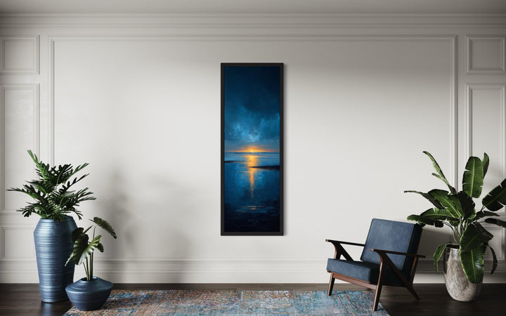 Tall Narrow Sunset Over Ocean Navy Blue Gold Vertical Wall Art