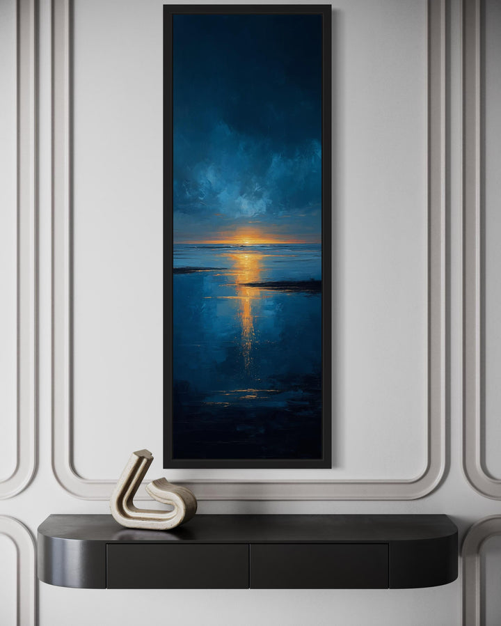 Tall Narrow Sunset Over Ocean Navy Blue Gold Vertical Wall Art