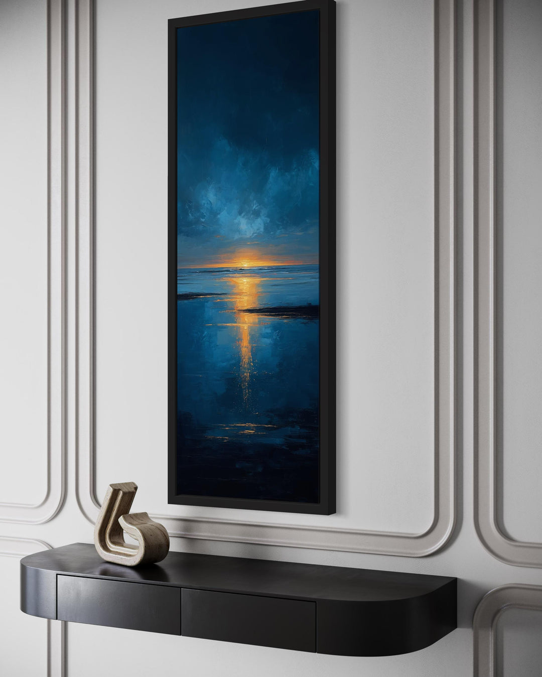 Tall Narrow Sunset Over Ocean Navy Blue Gold Vertical Wall Art