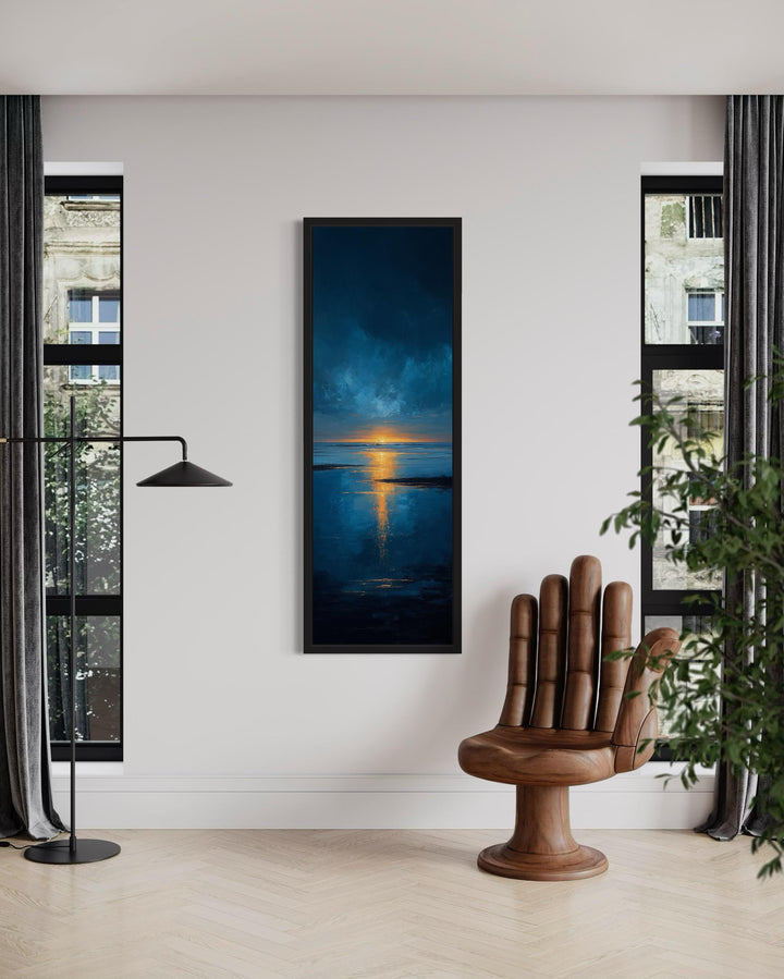 Tall Narrow Sunset Over Ocean Navy Blue Gold Vertical Wall Art