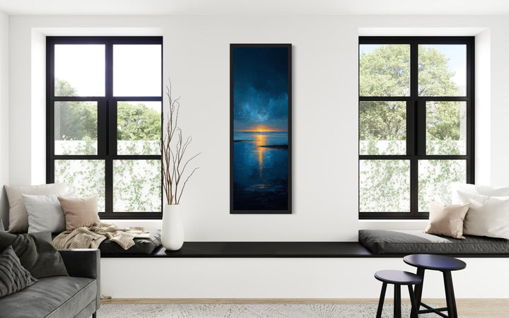Tall Narrow Sunset Over Ocean Navy Blue Gold Vertical Wall Art