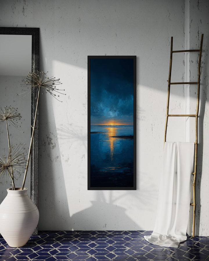 Tall Narrow Sunset Over Ocean Navy Blue Gold Vertical Wall Art