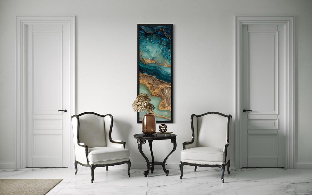 Tall Narrow Vertical Abstract Ocean Inspired Teal Blue Gold Canvas Wall Art