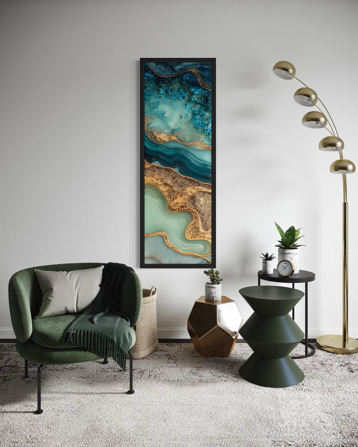 Tall Narrow Vertical Abstract Ocean Inspired Teal Blue Gold Canvas Wall Art