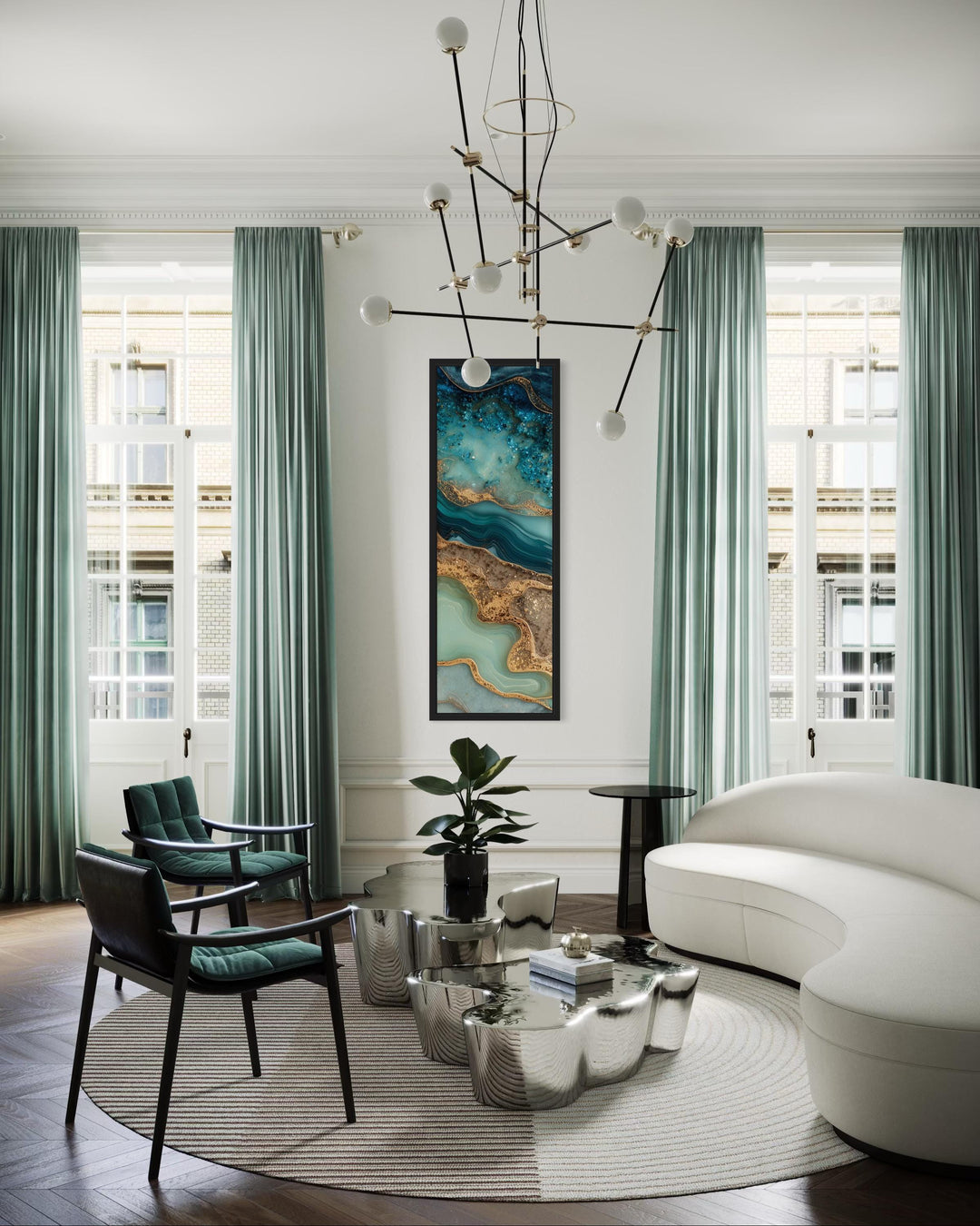 Tall Narrow Vertical Abstract Ocean Inspired Teal Blue Gold Canvas Wall Art