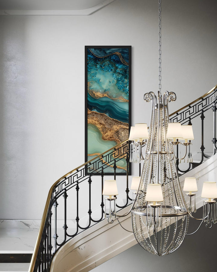 Tall Narrow Vertical Abstract Ocean Inspired Teal Blue Gold Canvas Wall Art
