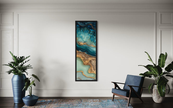 Tall Narrow Vertical Abstract Ocean Inspired Teal Blue Gold Canvas Wall Art