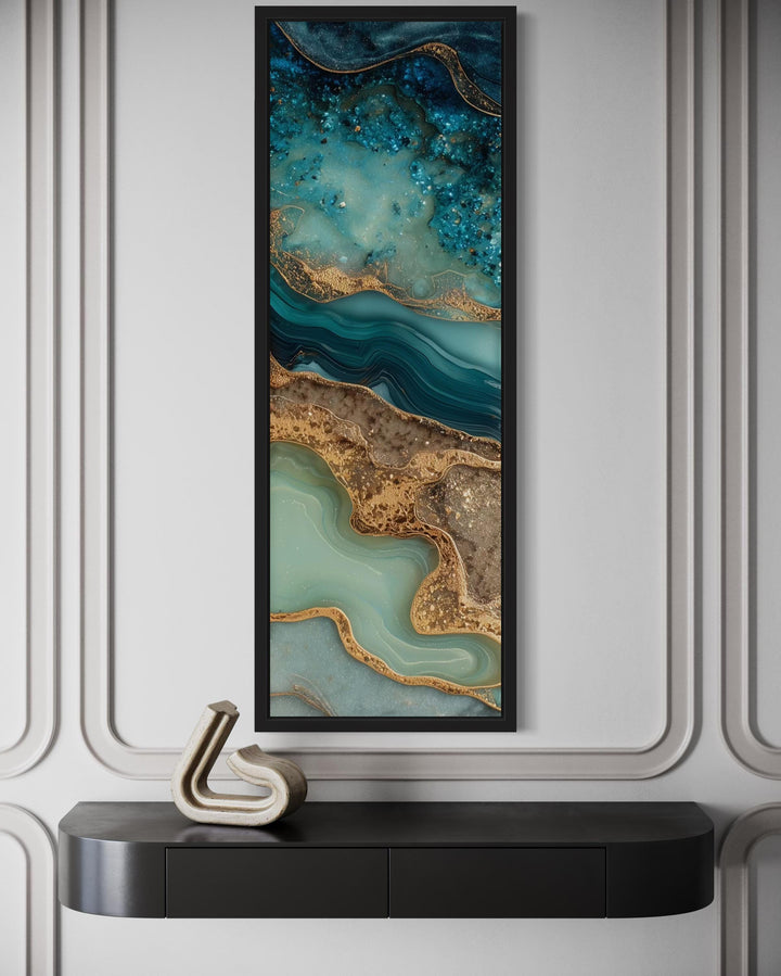 Tall Narrow Vertical Abstract Ocean Inspired Teal Blue Gold Canvas Wall Art