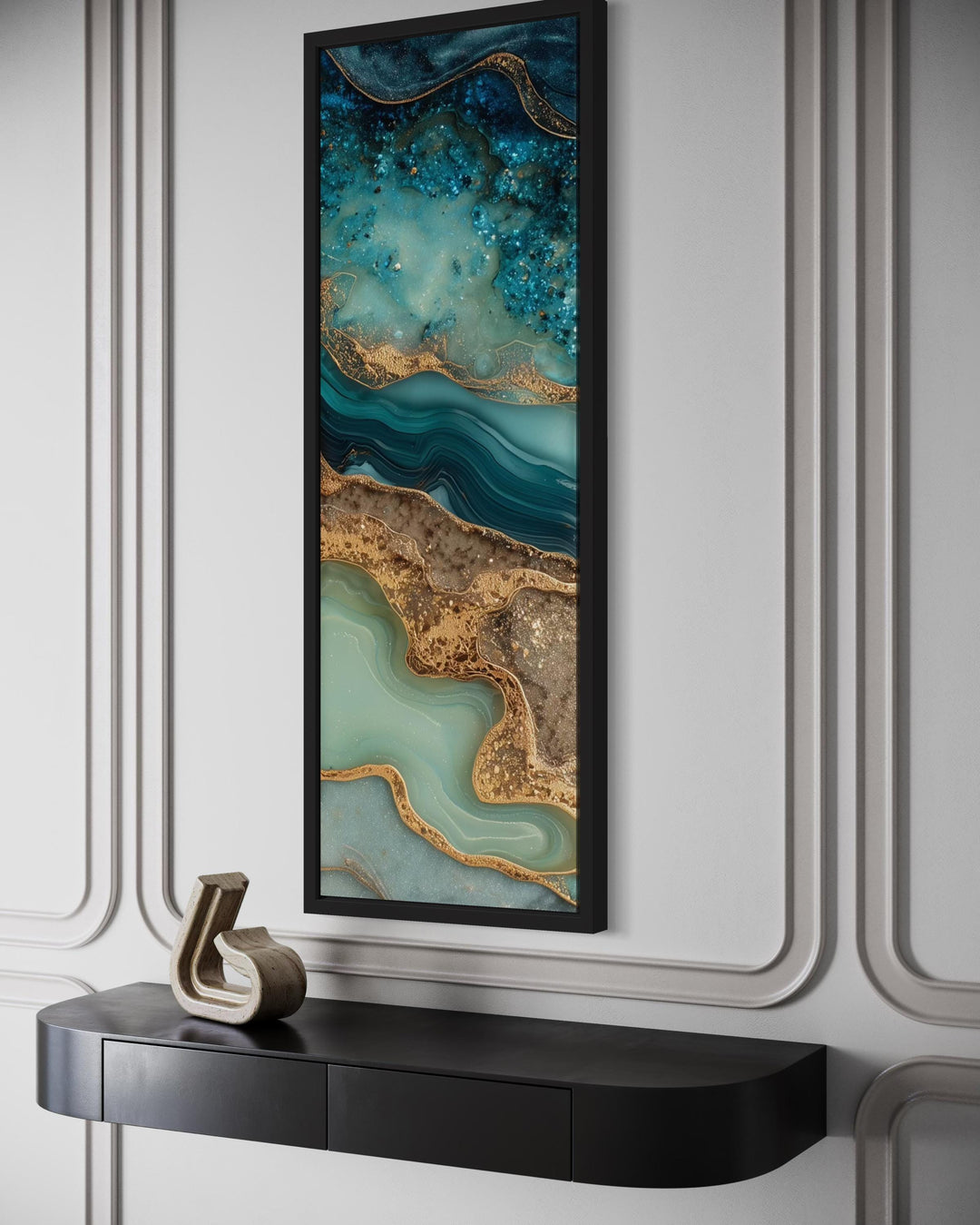 Tall Narrow Vertical Abstract Ocean Inspired Teal Blue Gold Canvas Wall Art