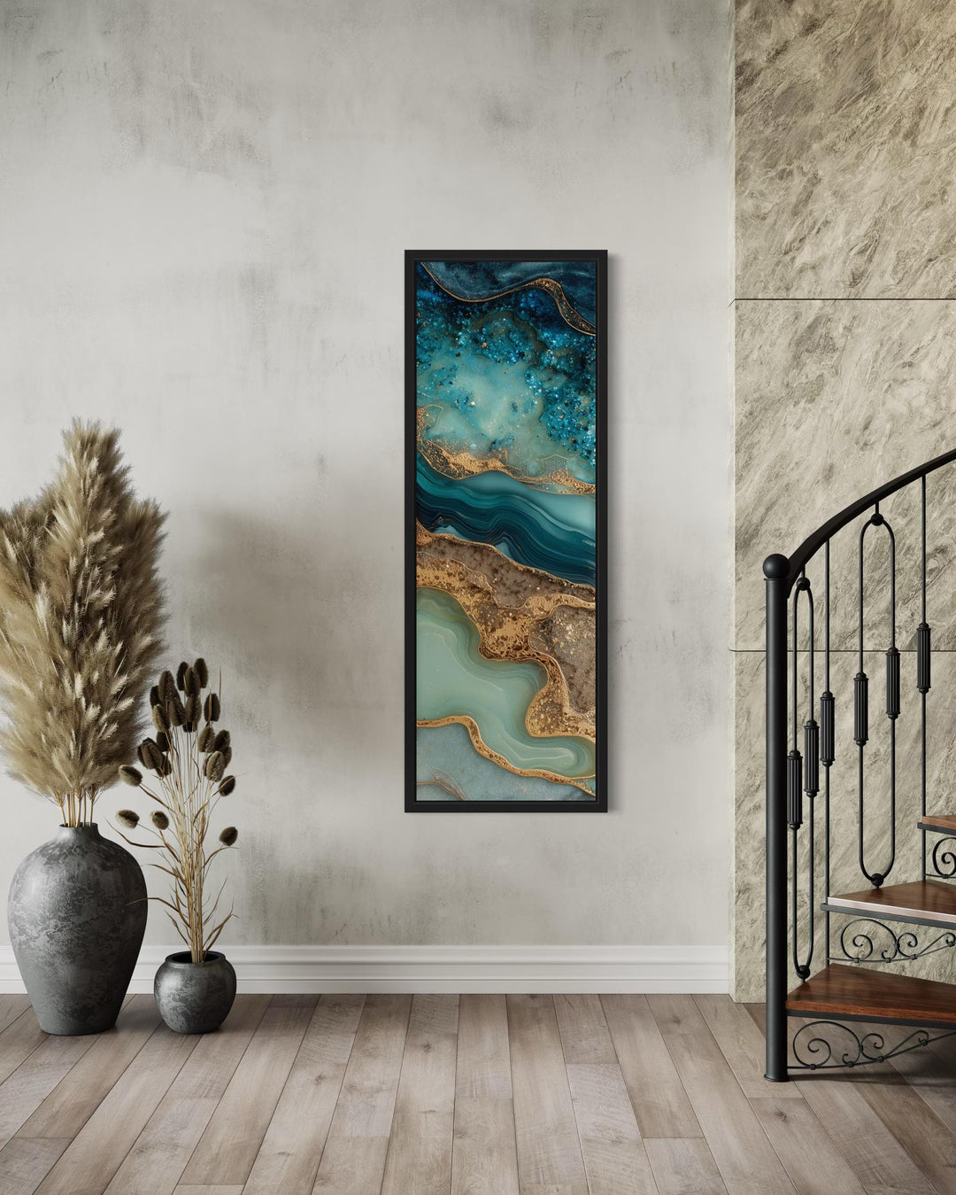 Tall Narrow Vertical Abstract Ocean Inspired Teal Blue Gold Canvas Wall Art