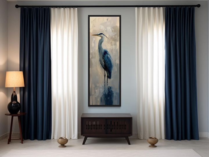 Tall Narrow Vertical Blue Heron Abstract Framed Canvas Wall Art