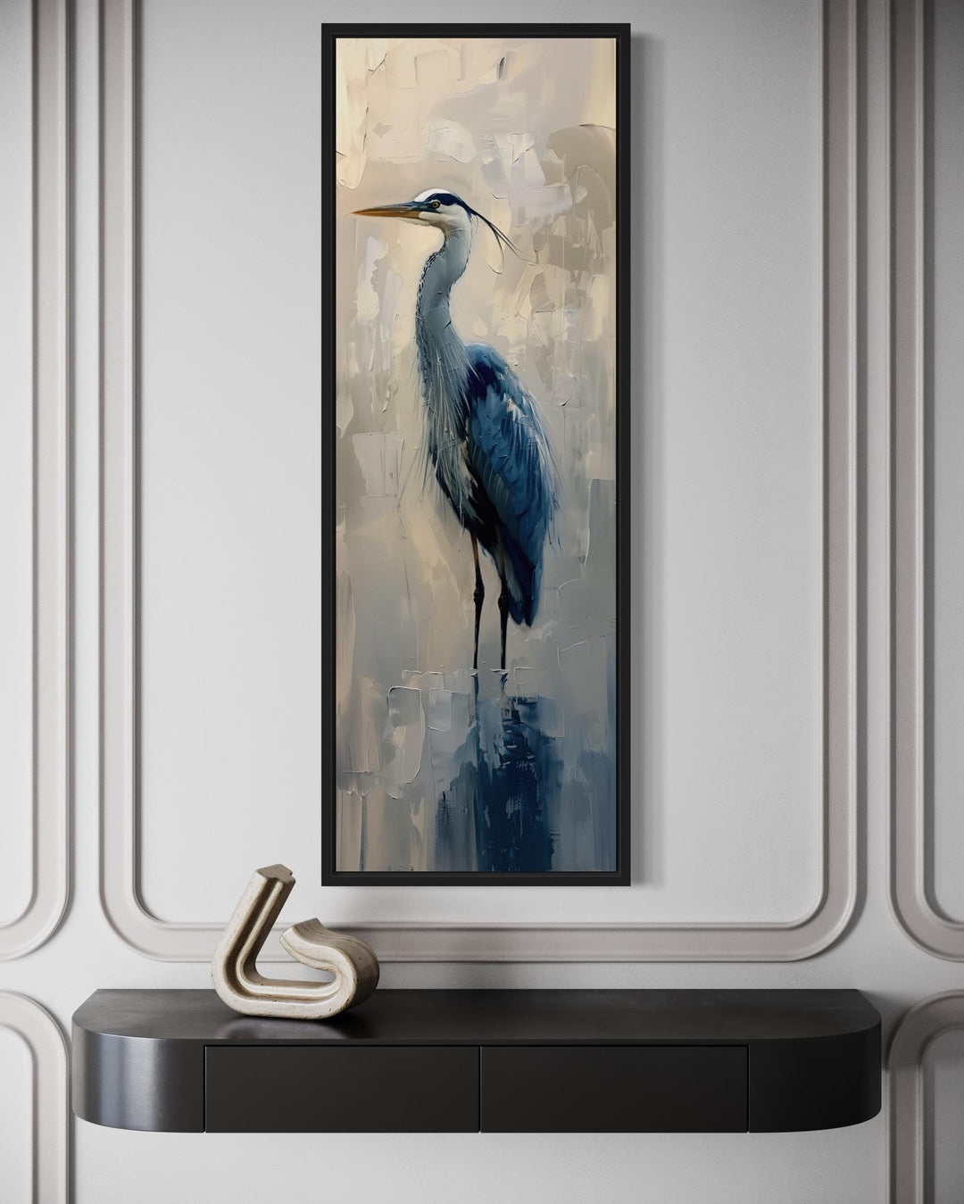 Tall Narrow Vertical Blue Heron Abstract Framed Canvas Wall Art