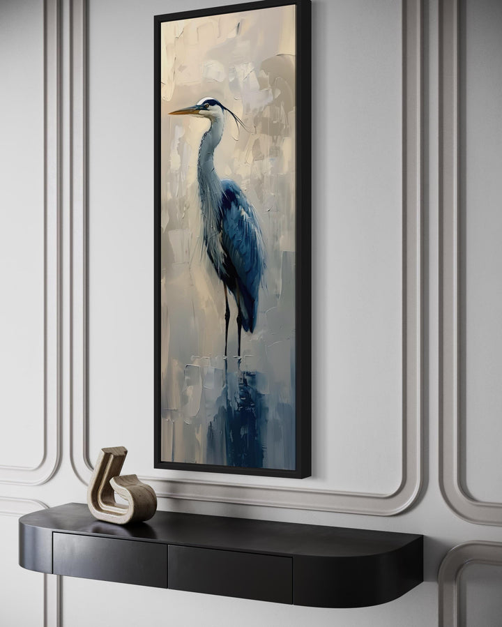 Tall Narrow Vertical Blue Heron Abstract Framed Canvas Wall Art