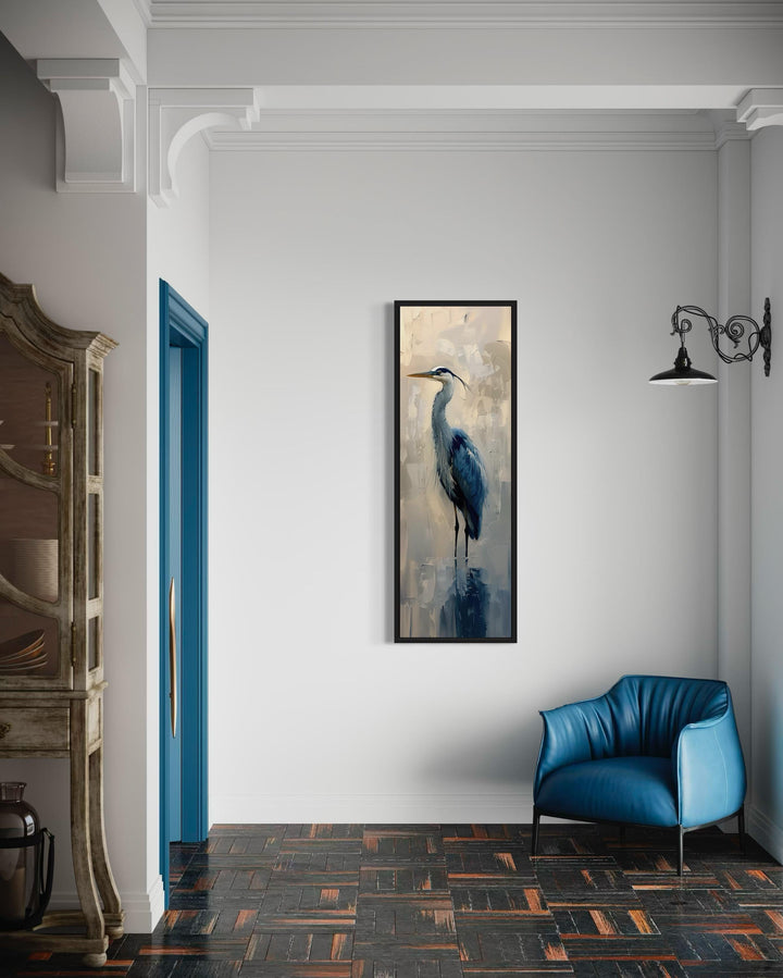 Tall Narrow Vertical Blue Heron Abstract Framed Canvas Wall Art