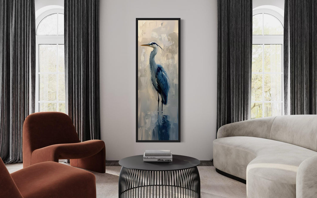 Tall Narrow Vertical Blue Heron Abstract Framed Canvas Wall Art