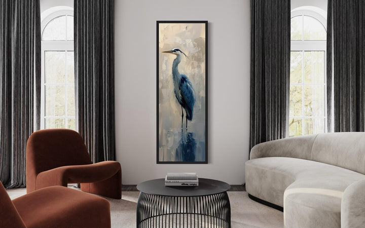 Tall Narrow Vertical Blue Heron Abstract Framed Canvas Wall Art