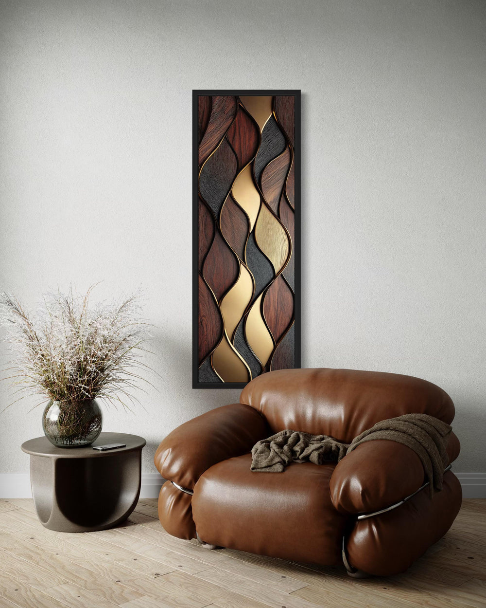 Tall Narrow Vertical Brown Gold Wood Texture Painting Abstract Canvas Wall Art Print