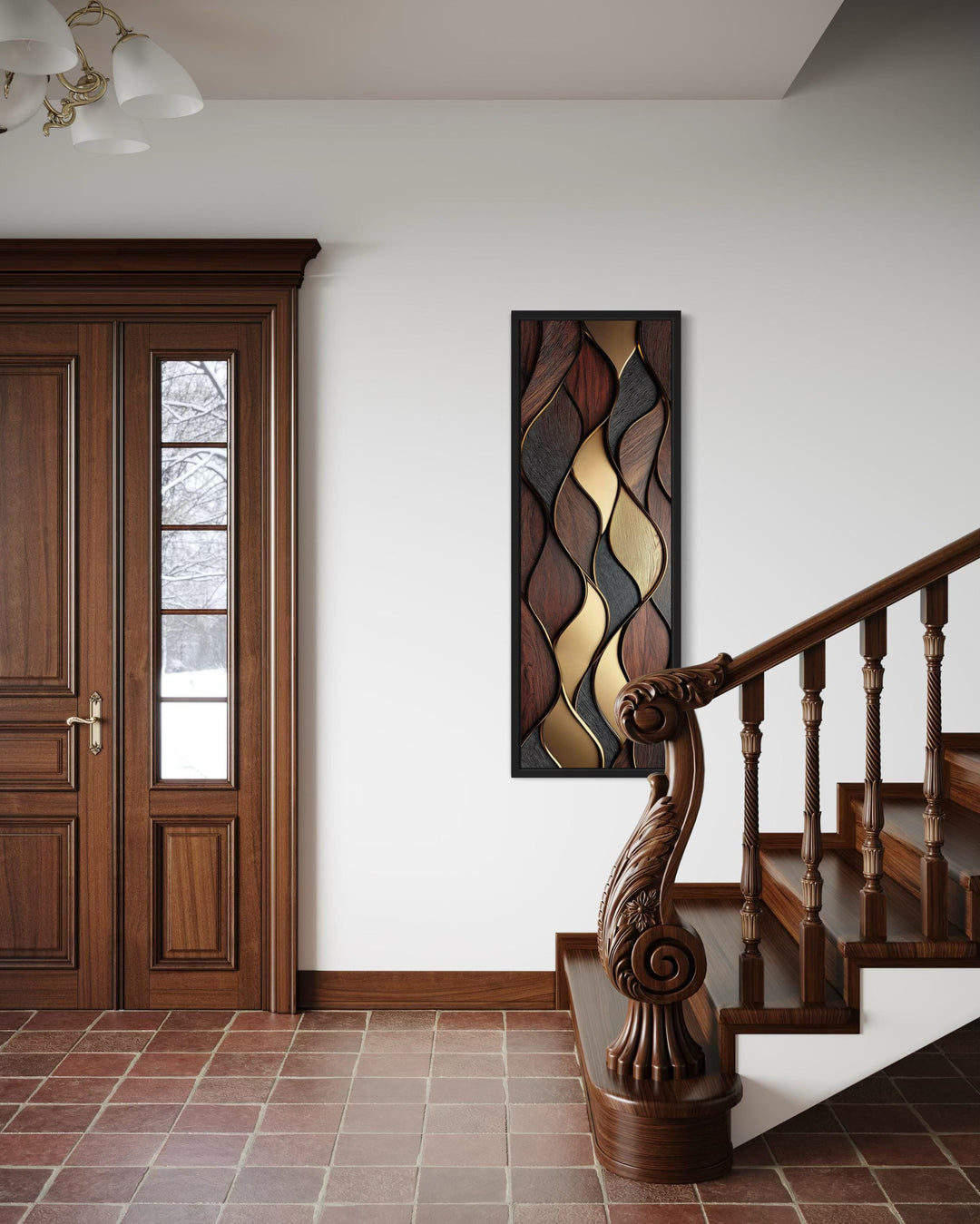 Tall Narrow Vertical Brown Gold Wood Texture Painting Abstract Canvas Wall Art Print