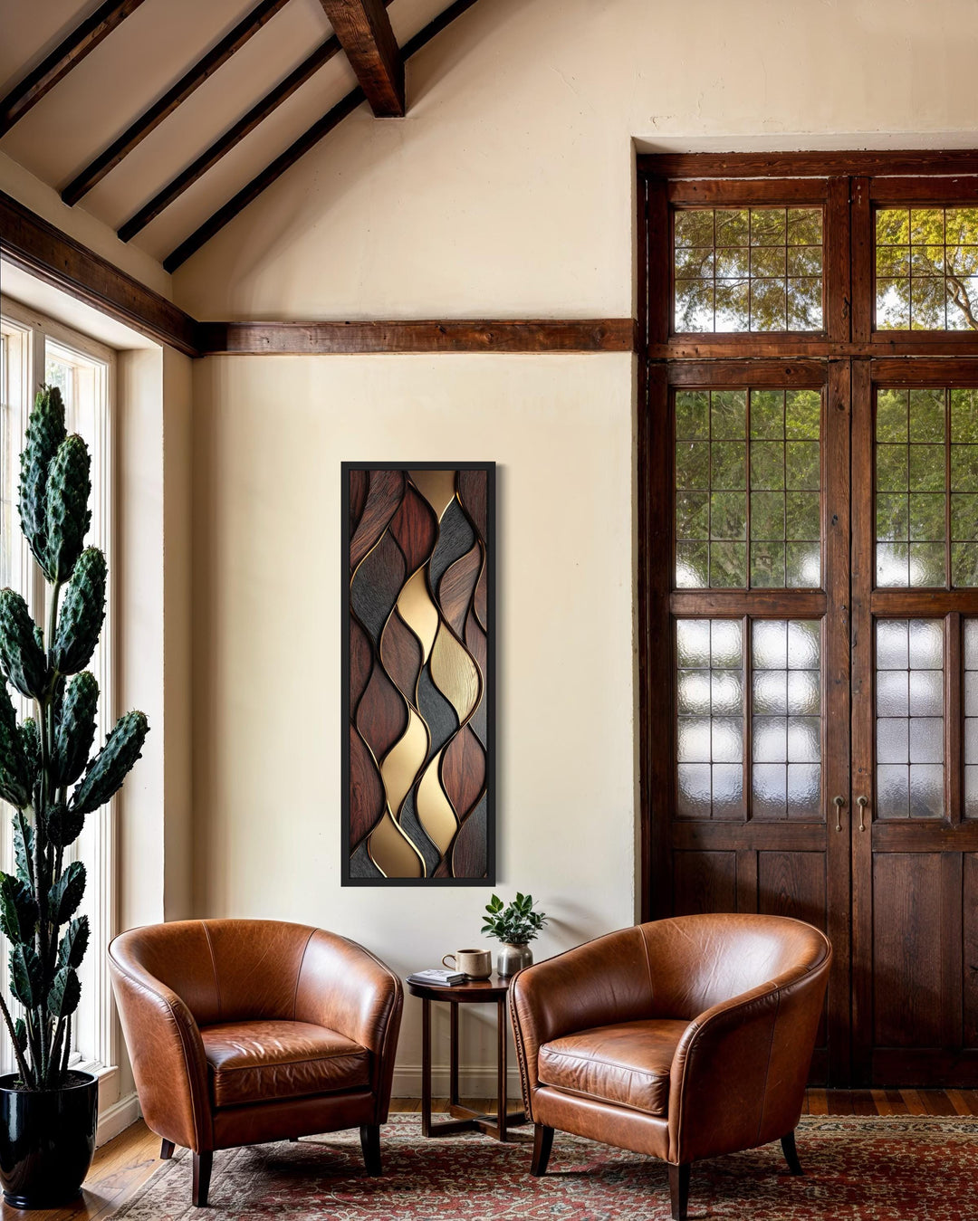 Tall Narrow Vertical Brown Gold Wood Texture Painting Abstract Canvas Wall Art Print