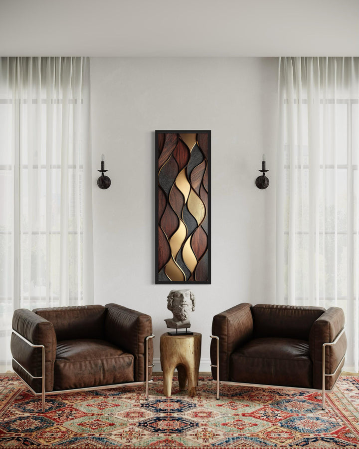 Tall Narrow Vertical Brown Gold Wood Texture Painting Abstract Canvas Wall Art Print