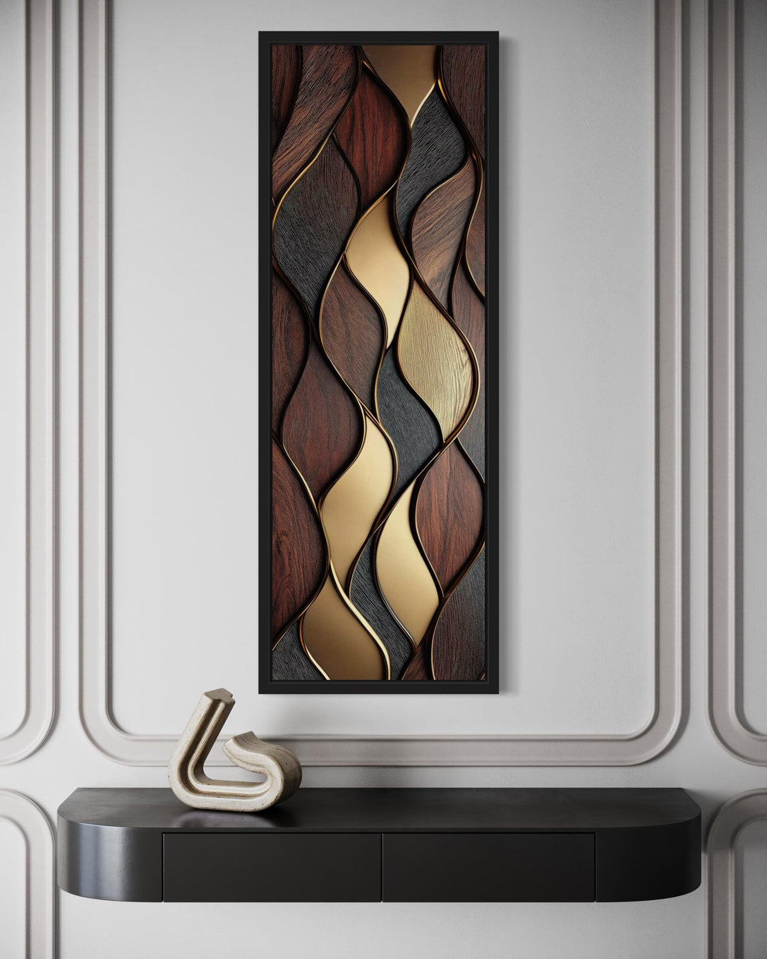Tall Narrow Vertical Brown Gold Wood Texture Painting Abstract Canvas Wall Art Print