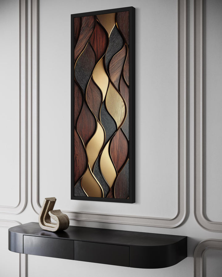 Tall Narrow Vertical Brown Gold Wood Texture Painting Abstract Canvas Wall Art Print