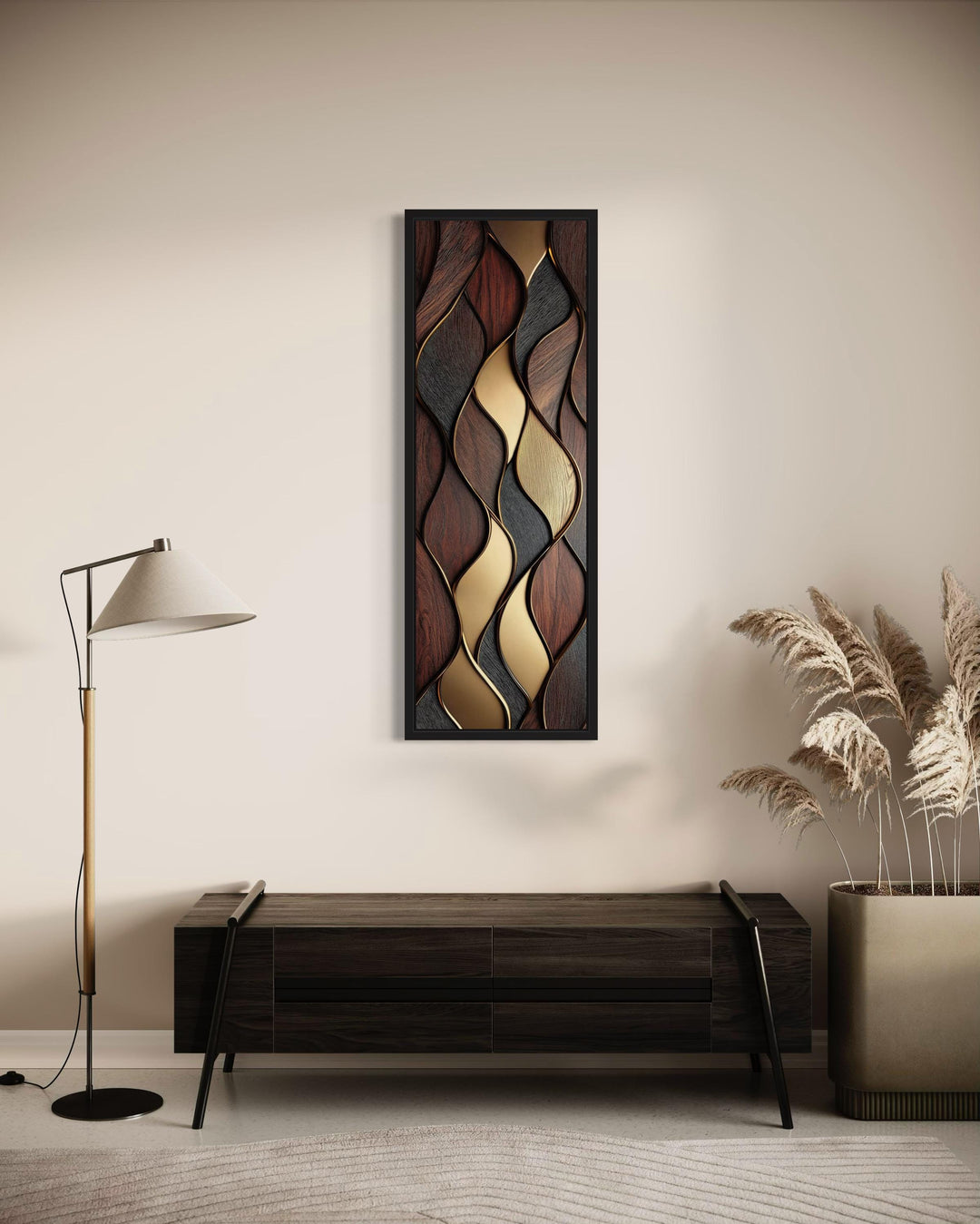 Tall Narrow Vertical Brown Gold Wood Texture Painting Abstract Canvas Wall Art Print