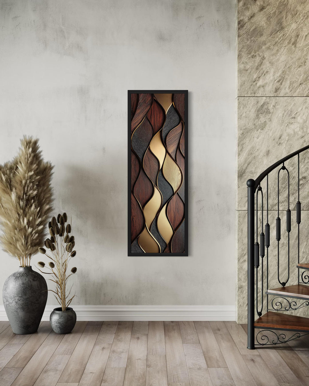 Tall Narrow Vertical Brown Gold Wood Texture Painting Abstract Canvas Wall Art Print