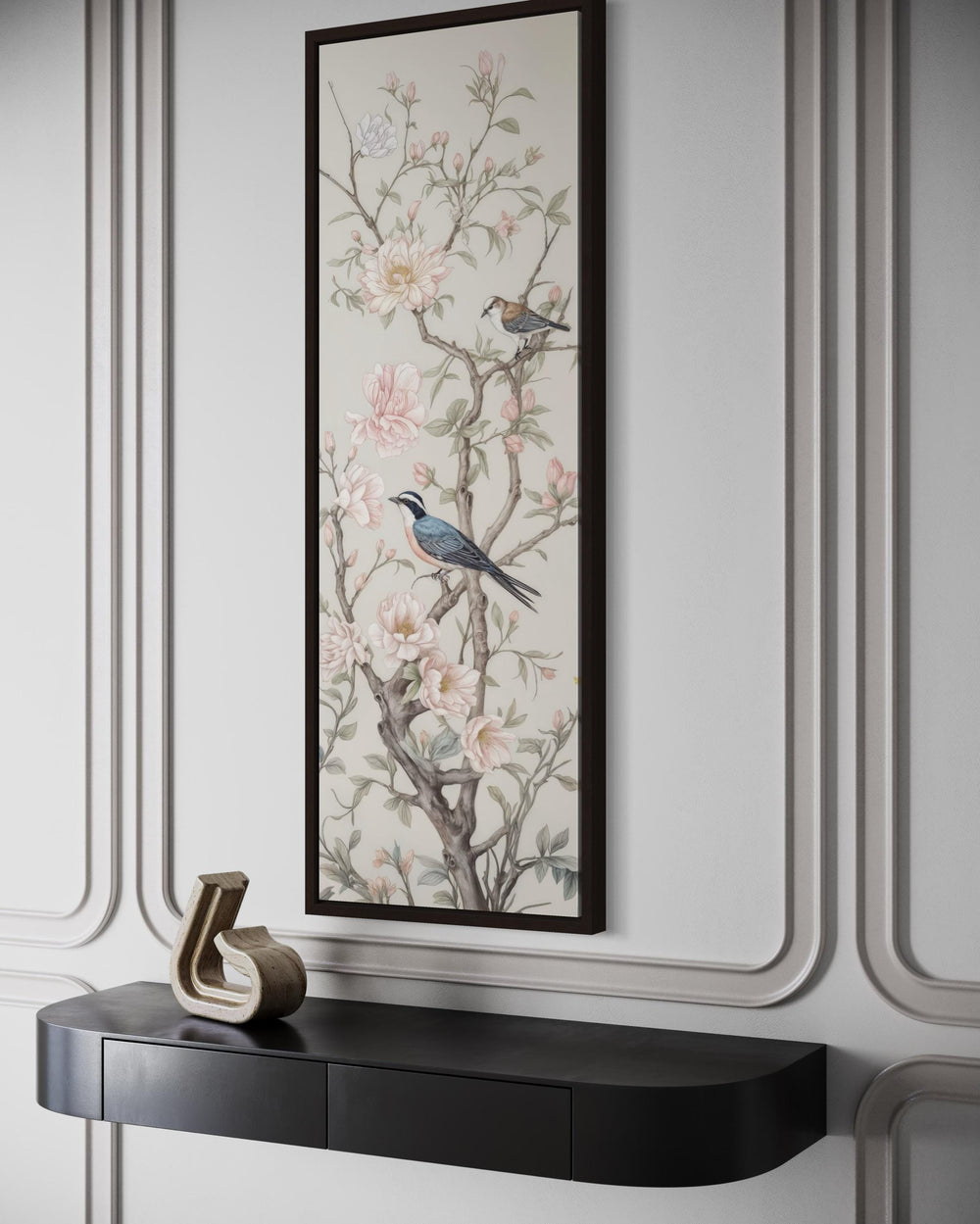 Tall Narrow Vertical Chinoiserie Birds on a Branch Canvas Print