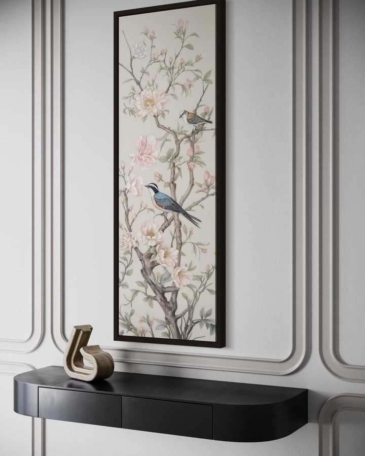 Tall Narrow Vertical Chinoiserie Birds on a Branch Canvas Print
