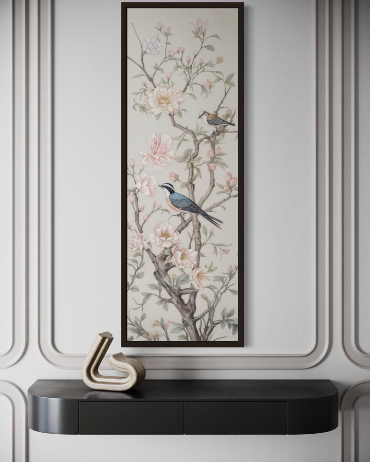 Tall Narrow Vertical Chinoiserie Birds on a Branch Canvas Print